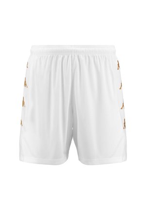 Pantaloni sportivi bianchi con vita elasticizzata, caratterizzati da un marchio dorato lungo entrambe le cuciture laterali e una texture sintetica liscia.