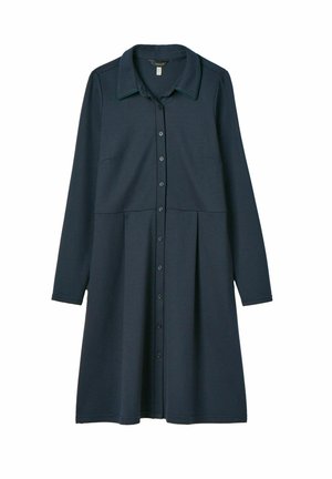 Navy blue dress made of soft fabric, featuring a collared neckline, button front, long sleeves, and a pleated skirt with side pockets.