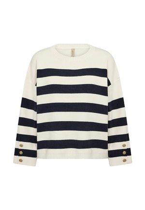 Pull à col rond avec larges rayures horizontales bleu marine et blanches, et trois boutons décoratifs sur chaque poignet de manche.