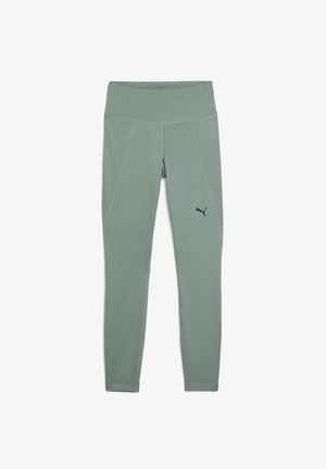 Leggings verde chiaro realizzati in tessuto elasticizzato con vita alta, caratterizzati da cuciture nere e un piccolo logo nero sulla parte bassa della gamba sinistra.