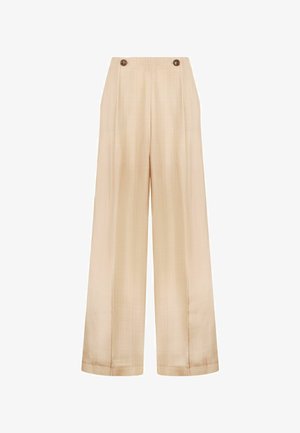 Pantaloni a gamba larga in tessuto beige chiaro con una leggera texture, pieghe frontali e due bottoni decorativi in vita.