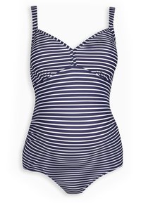 Badeanzug in Navy und Weiß mit Streifen, verstellbaren Trägern, V-Ausschnitt und nahtlosem Design für zusätzlichen Komfort. Glatte Textur insgesamt.