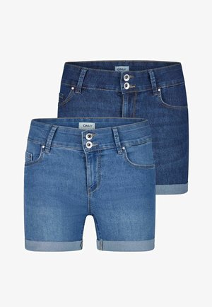 Denim shorts in twee tinten blauw. Kenmerken zijn een opgerolde zoom, dubbele knoopsluiting en zakken. De stof heeft een gladde, gestructureerde afwerking.