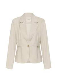 Blazer crème à un bouton avec revers crantés et deux poches fendues à l'avant, coupe ajustée, manches longues et tissu léger.