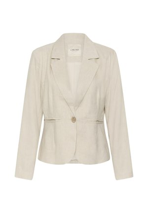 Blazer crème à un bouton avec revers crantés et deux poches fendues à l'avant, coupe ajustée, manches longues et tissu léger.