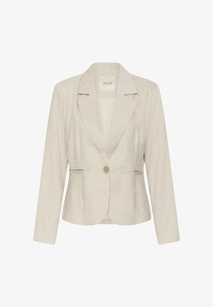 Blazer crème à un bouton avec revers crantés et deux poches fendues à l'avant, coupe ajustée, manches longues et tissu léger.