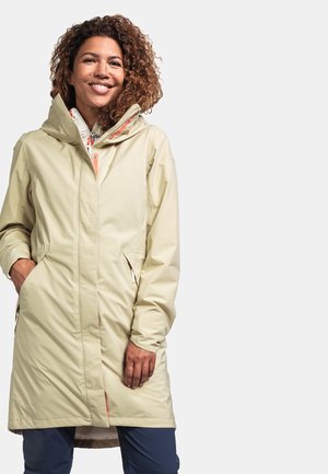 Pale beige waterproof hooded jacket with a front zipper, two side pockets, and a floral-patterned interior lining. Smooth texture.
