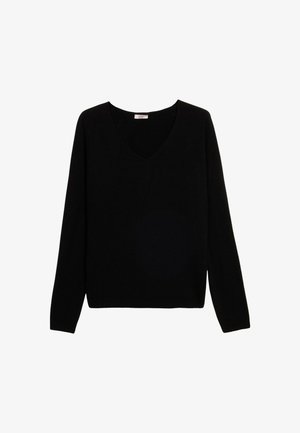 Pull noir à manches longues avec un décolleté en V et des poignets côtelés. Fabriqué à partir d'un tissu doux et texturé avec une coupe décontractée. Pas de motifs ni d'ornements.