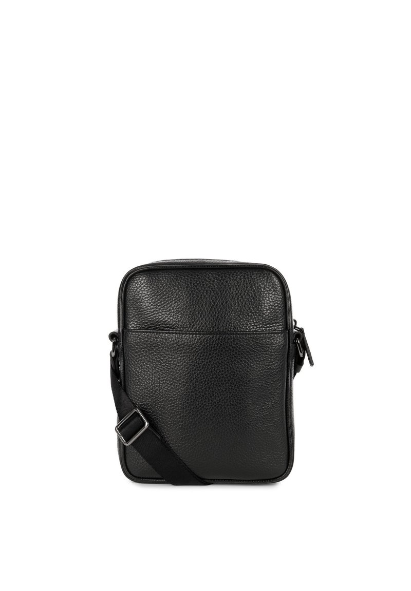 Borsa a tracolla in pelle nera con superficie texture, forma rettangolare, tracolla regolabile e tasca frontale con zip.