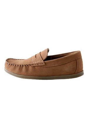 Brown leather slip-on loafer with moccasin stitching, rounded toe, and rubber sole, shown from the side on a white background.