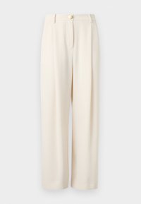 Pantalon beige à jambes larges en tissu lisse, doté d'une fermeture à un seul bouton, de poches latérales et d'une coupe décontractée pour un port confortable.