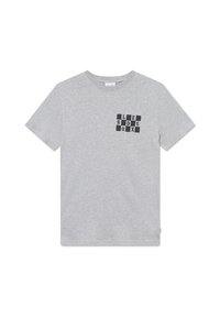 Šedé bavlněné tričko s krátkým rukávem. Na levé části hrudi je malé černé grafické logo, kulatý výstřih a rovný lem.