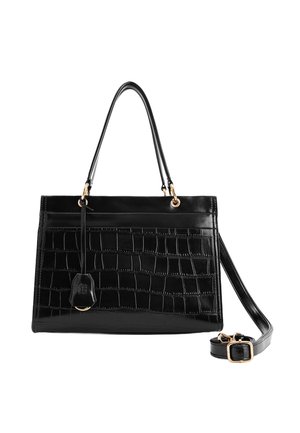 Black leather handbag with a crocodile-embossed texture, dual handles, detachable shoulder strap, and gold-tone hardware accents.