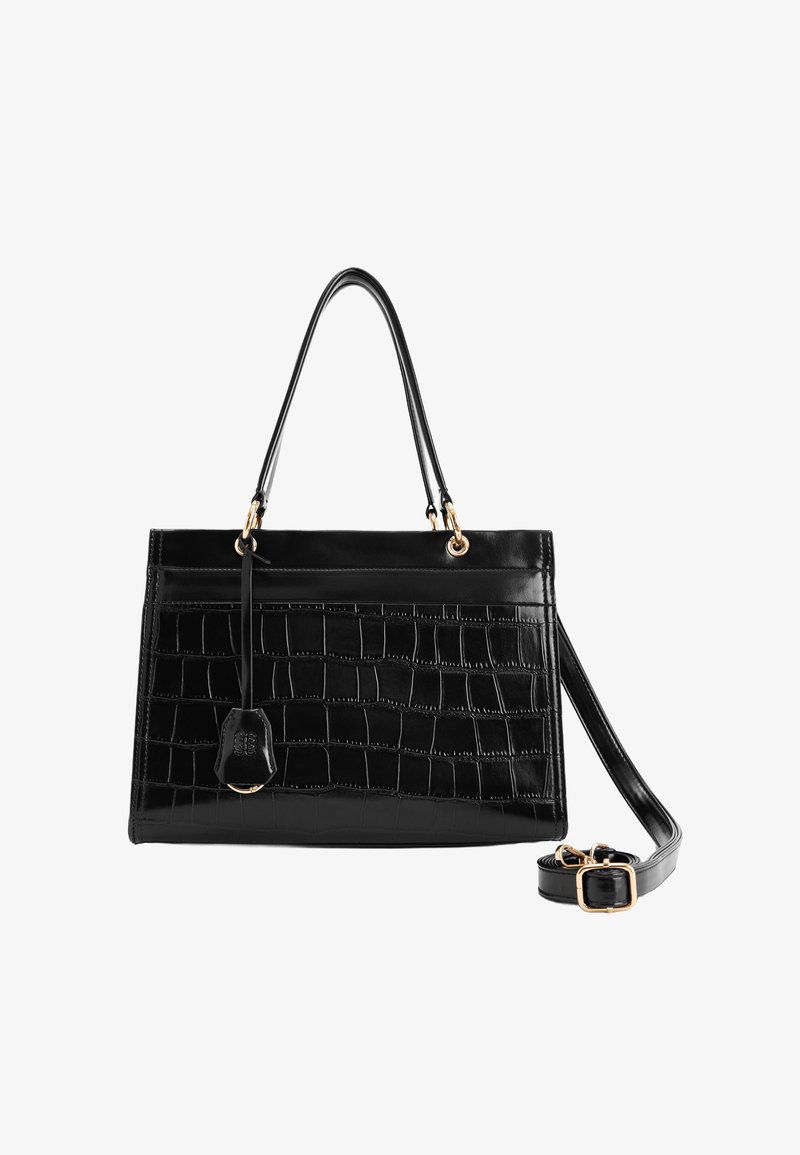 Schwarze Lederhandtasche mit Krokodilprägung, doppelten Griffen, abnehmbarem Schulterriemen und goldfarbenen Hardware-Details.