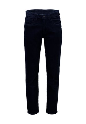 Donkere marineblauwe corduroy broek voor mannen met een knoopsluiting aan de voorkant, ritssluiting en vijf-pocketstijl, getoond op een witte achtergrond.