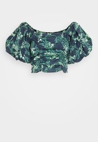 Blusa con maniche a sbuffo in tessuto blu navy con stampa floreale verde, dettagli arricciati nella parte anteriore, scollatura elastica e finitura testurizzata.