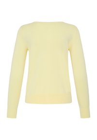 Pull jaune pâle à manches longues avec col rond, ourlet et poignets côtelés, vu de dos sur fond blanc.