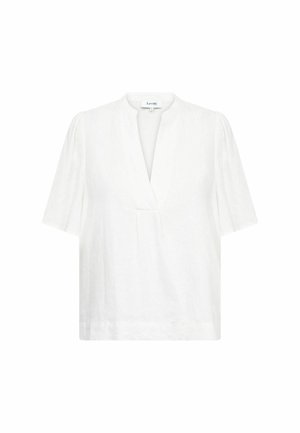 White short-sleeve blouse with V-neck slit and subtle pleats on sleeves, displayed on a plain white background.