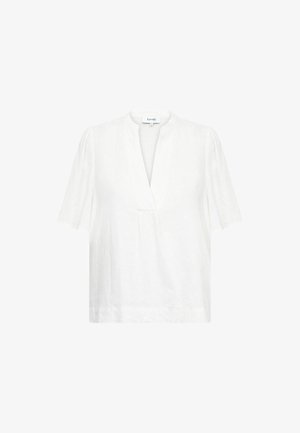 White short-sleeve blouse with V-neck slit and subtle pleats on sleeves, displayed on a plain white background.
