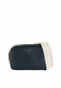 Borsa a tracolla in pelle blu navy con hardware dorato, chiusura con zip e tracolla crema con motivo a monogramma. Design piatto e rettangolare.