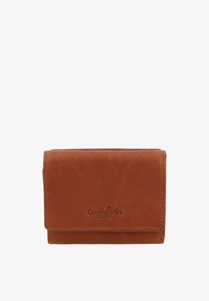 Compact brown leather tri-fold wallet with stitched edges and embossed "Gusti Leder" logo on front flap.