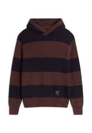 Hooded knit sweater with wide horizontal brown and dark navy stripes, ribbed cuffs, and a small black logo patch near the hem.