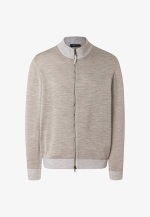 Pull beige à fermeture éclair avec col, poignets et ourlet côtelés, doté d'une fermeture éclair frontale sur toute la longueur et d'une texture chinée discrète.