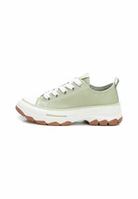 Zapatillas de lona verdes con cordones blancos, puntera de goma y suela blanca texturizada. Presenta una suela marrón gruesa para mayor tracción.