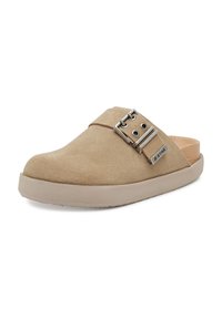 Beige velúr slip-on mamusz vastag talppal és ezüst csatolós pánttal, az oldalon a G-star márka címkéjével.