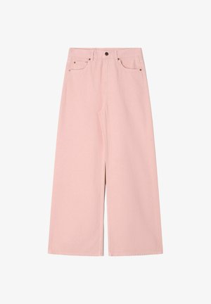 Jean large taille haute rose avec fente avant, cinq poches, fermeture par bouton et fermeture éclair, et détails en rivets en cuivre.