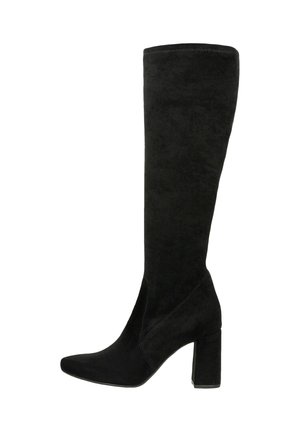 Zwarte suede over-de-knielaarzen met een spitse neus en blokhak. Heeft een slank ontwerp en nette stiksels langs de naden.