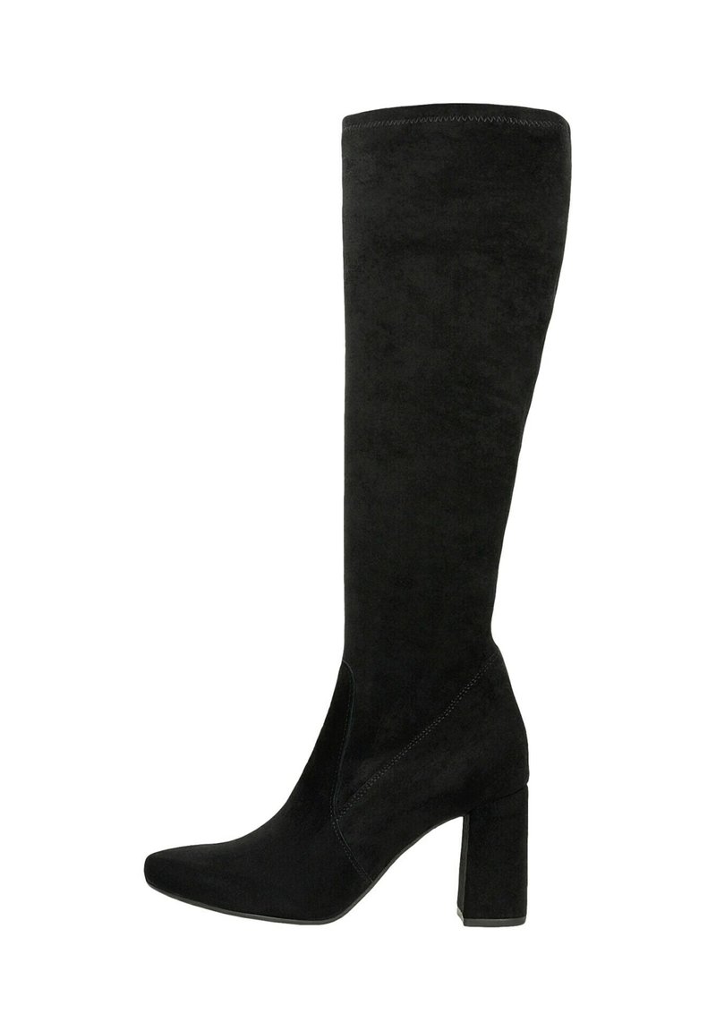 Zwarte suede over-de-knielaarzen met een spitse neus en blokhak. Heeft een slank ontwerp en nette stiksels langs de naden.