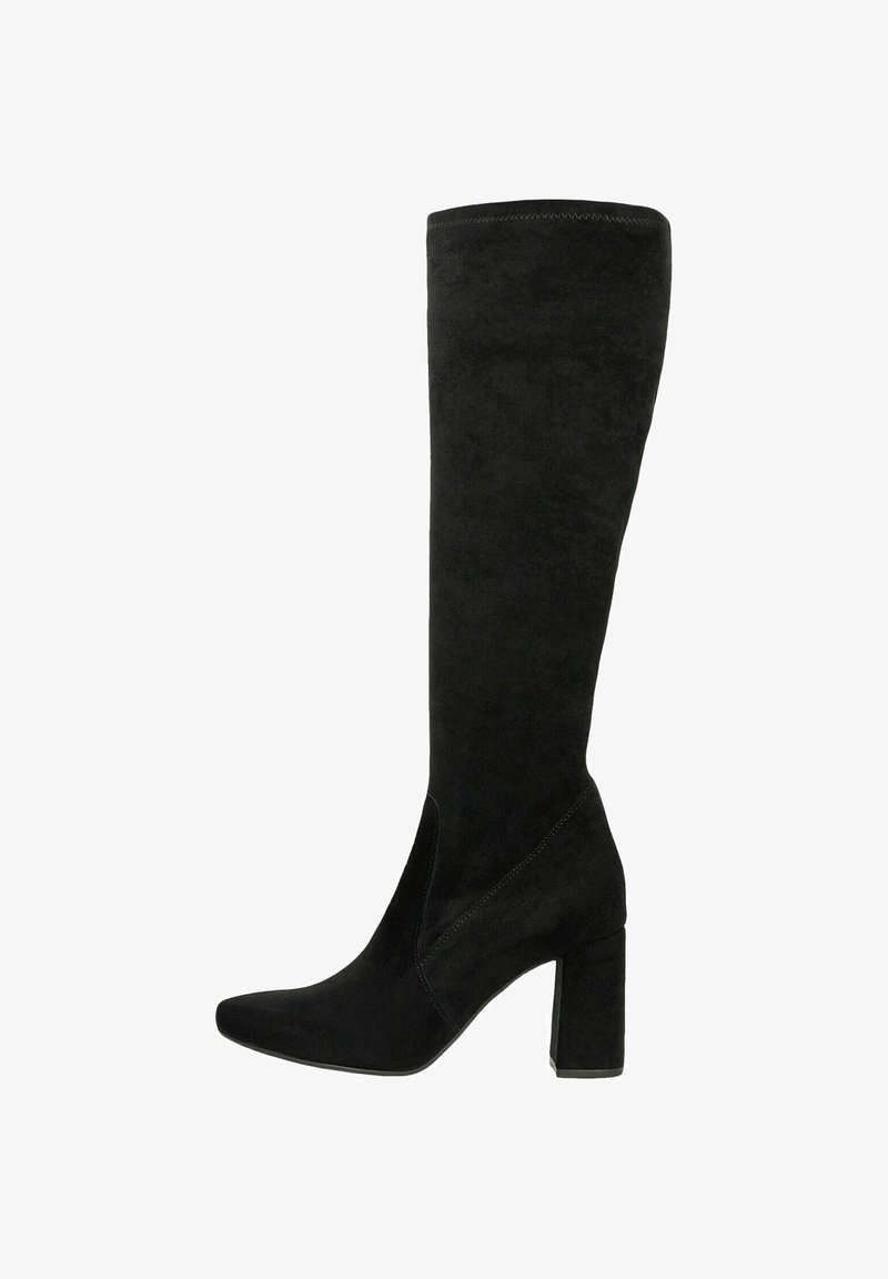 Zwarte suede over-de-knielaarzen met een spitse neus en blokhak. Heeft een slank ontwerp en nette stiksels langs de naden.