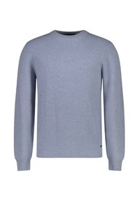 Maglione a coste azzurro chiaro con maniche lunghe, scollatura tonda e design aderente. Presenta un piccolo logo sul lato inferiore.