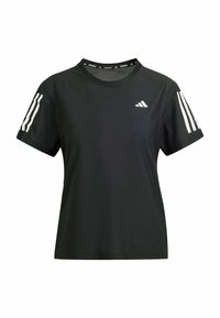 Svart Adidas löpartröja med korta ärmar, vita tre-randiga logotyper på ärmarna och en liten Adidas-logotyp på bröstet.