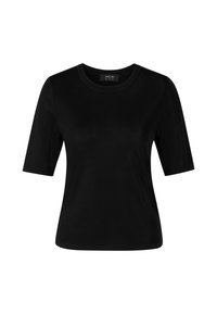 Schwarzes Kurzarm-T-Shirt aus weichem Stoff, mit rundem Halsausschnitt und glatter Textur, im regulären Schnitt.