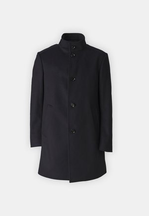 Wollen blend jas in diepblauw, met een hoge kraag, sluiting met vijf knopen en twee zijzakken. Soepele textuur met een getailleerde pasvorm.