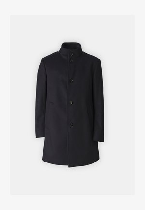 Wollen blend jas in diepblauw, met een hoge kraag, sluiting met vijf knopen en twee zijzakken. Soepele textuur met een getailleerde pasvorm.