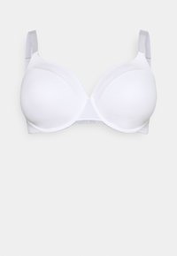 Soutien-gorge rembourré blanc en tissu lisse, avec armatures et bretelles ajustables. Il possède des bonnets sans coutures et une fermeture éclair à crochets dans le dos.