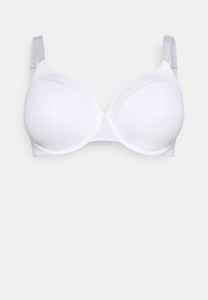 White padded bra with smooth fabric, underwire, and adjustable straps. Features seamless cups and a hook-and-eye back closure.