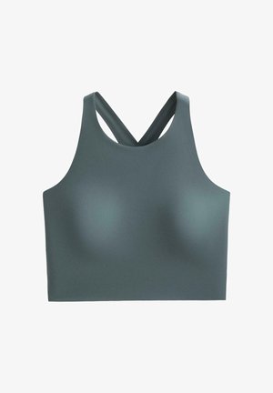 Tummanharmaa urheiluliivit, joissa leveät olkaimet ristikkäin selässä ja korkea pääntie, suunniteltu urheilukäyttöön.