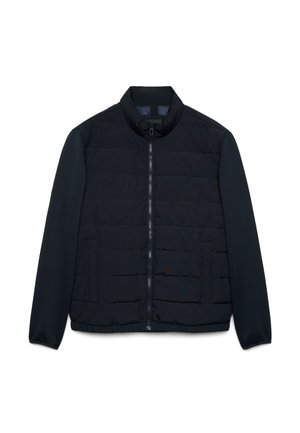 Veste matelassée noire à manches longues, fermeture éclair devant, col montant et deux poches latérales, posée à plat sur un fond blanc.