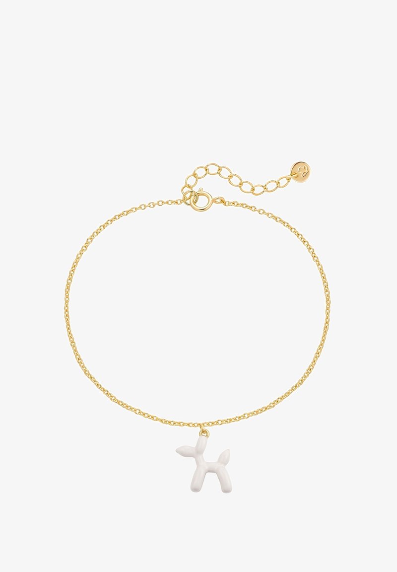 Auksinė grandinėlė su balta balionine šunimi, minkšta tekstūra, smulkios grandinės ir užsegimas su prailginimo grandinėle, leidžiančia pritaikyti ilgį.