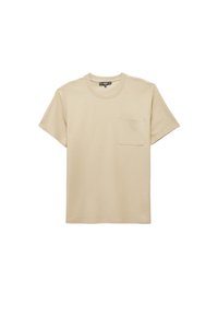 Beige kortærmet t-shirt lavet af blød bomuld, med rund halsudskæring og en brystlomme på venstre side. Glat tekstur.