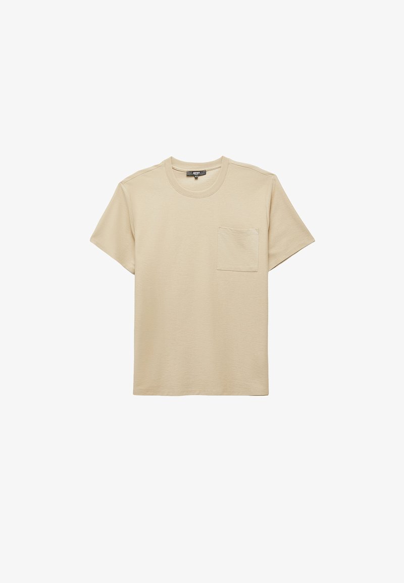 Beige kortærmet t-shirt lavet af blød bomuld, med rund halsudskæring og en brystlomme på venstre side. Glat tekstur.