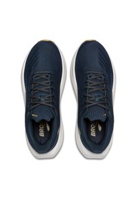 Blue athletic shoes with a knitted upper, gray laces, and white midsoles. Features a logo on the side and a padded collar for comfort.