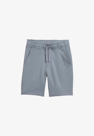 Gray athletic shorts made of soft fabric, featuring an elastic waistband, adjustable drawstring, and two side pockets.