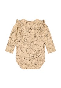 Dugi rukav bodysuit za bebe u svijetloj bež boji s crnim uzorkom eksplozije i točkicama. Ima naglašene volane na ramenima i zaobljen rub na dnu.