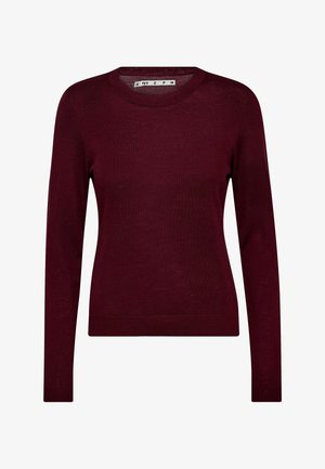 Burgundy knit sweater with a round neckline, long sleeves, and ribbed hem. Fabric appears soft and slightly stretchy. Simple, solid color design.