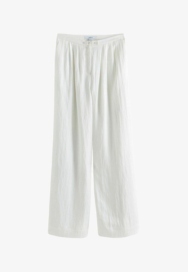 Balti linu platās bikses ar strukturētu virsmu, ar pogu aizdari un krokojumiem viduklī, kas nodrošina ērtu piegulējumu.